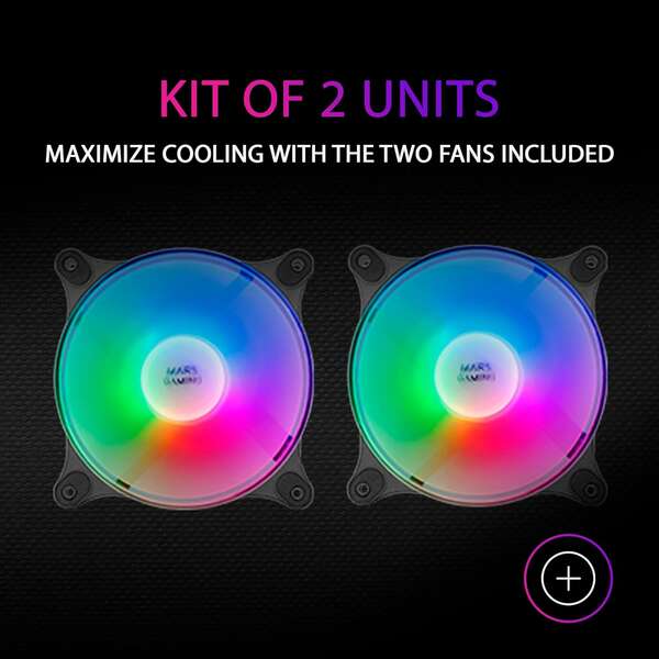 Kit de Ventoinhas Mars Gaming com 2 Ventoinhas Espetaculares FRGB RAINBOW 360º - 120x120x25mm - Iluminação FRGB RAINBOW 360º - Refrigeração Superior e Silenciosa - Ligação 3PIN+4PIN - Preto