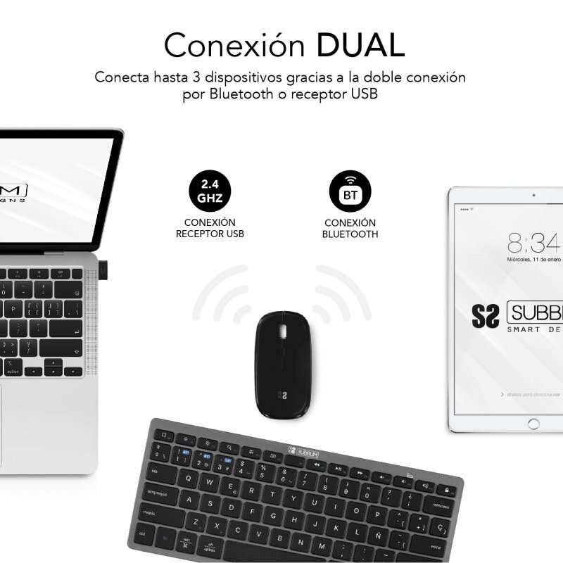 Subblim Multi-Device Combo - Teclado e Rato - Bluetooth e Tecnologia Sem Fios 2.4G - Rato com Bateria Recarregável e 3 Níveis de DPI Ajustáveis ​​​​- Preto