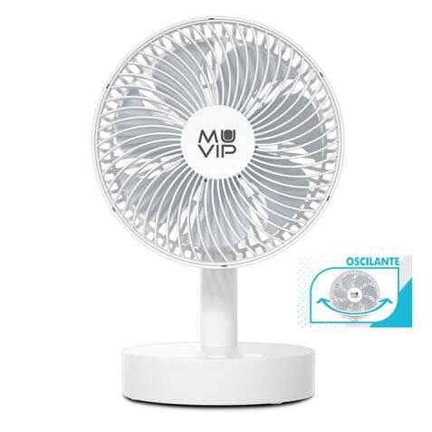 Ventilador de Mesa Portátil Oscilante Muvip 12W 19cm Diâmetro - 4 Velocidades - Oscilação até 70º - Ângulo Ajustável até 90º - Autonomia até 11h - Cor Branco