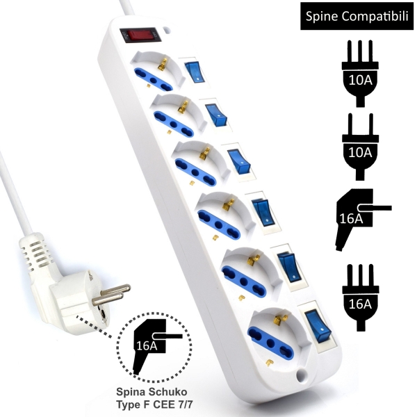 Tomada de linha Ewent EW3932 com 6 tomadas - Proteção contra picos de tensão - Interruptores individuais. Cor branca