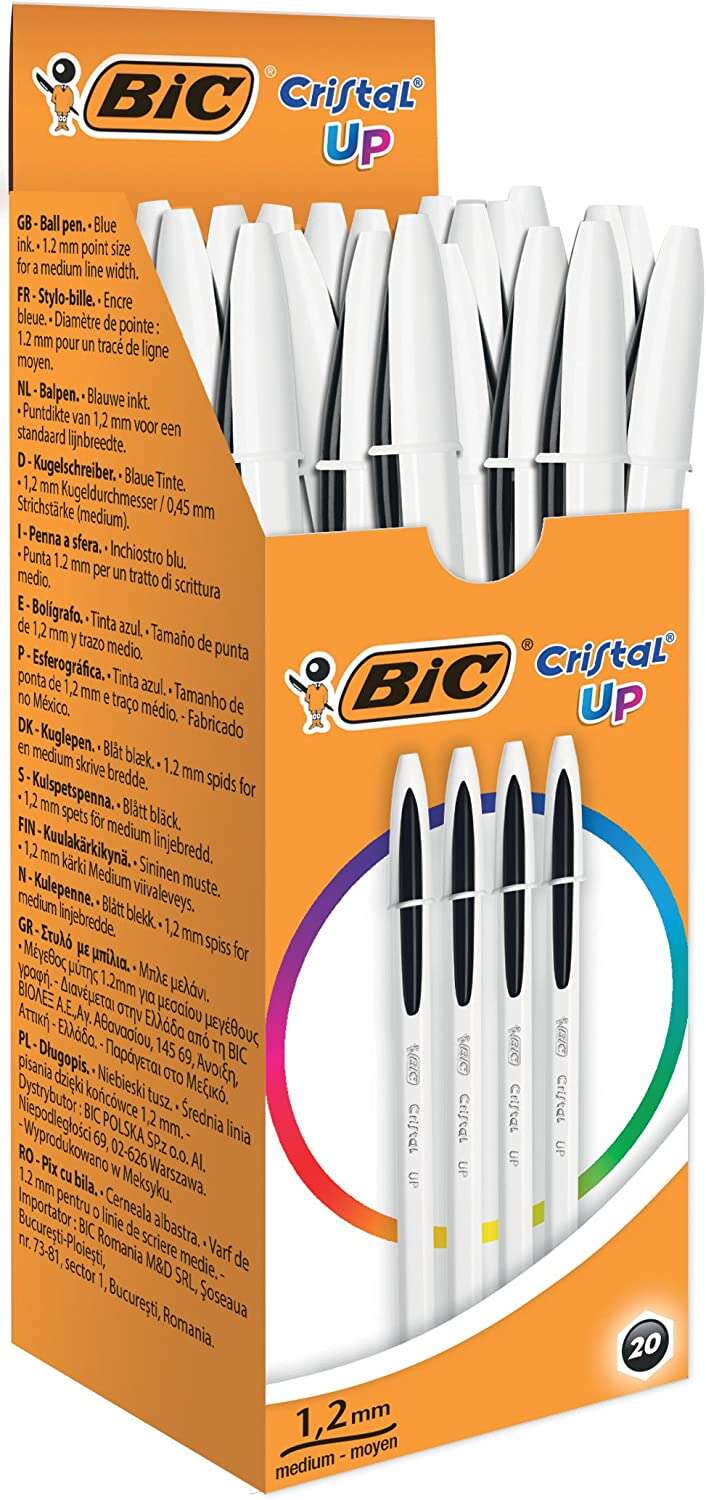 Caixa 20 Canetas Esferográfica Bic Cristal Up - Ponta 1,2 mm - Tinta à base de óleo - Corpo branco - Preto
