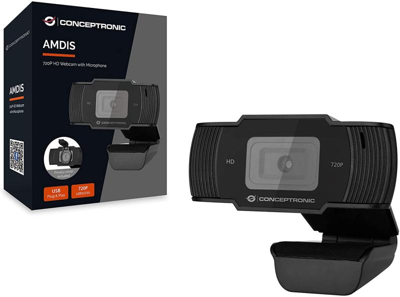 Conceptronic Webcam HD 720p USB 2.0 - Microfone integrado - Foco fixo - Tampa de privacidade - Ângulo de visão de 90º - Cabo de 1,50m