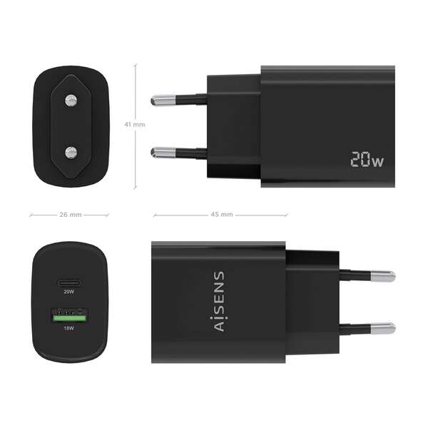 Carregador Aisens 20W - 1xUSB-C PD3.0 - 1xUSB-A QC3.0 - Cor Preto