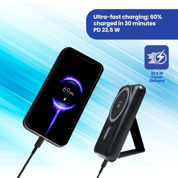 Powerbank Ewent EW1162 Magsafe 10000mAH 22,5W PD e QC - USB-C, USB-A - Cor Preto