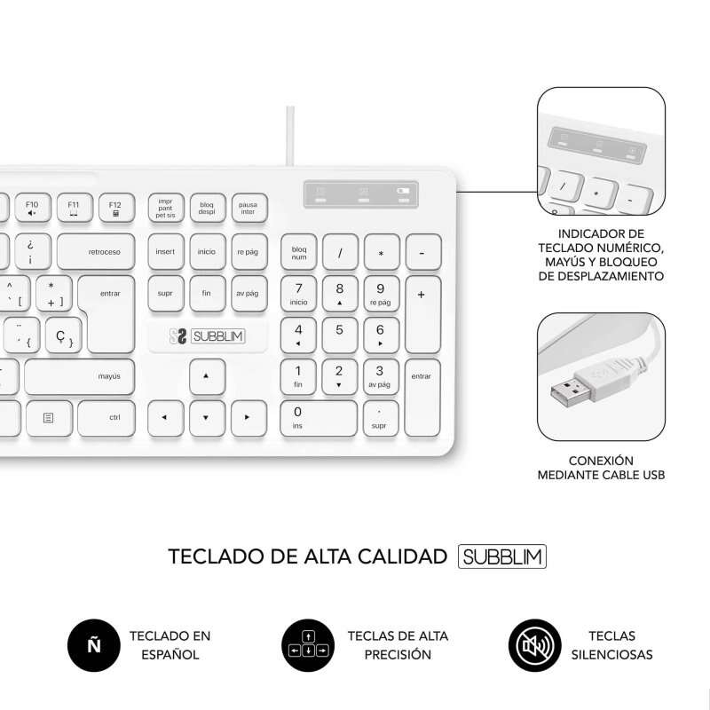 Teclado empresarial silencioso Subblim Slim - 430 x 132 x 23 mm - Teclas planas - Resistente a derramamento - Design fino e completo - Conector USB Plug & Play - Branco