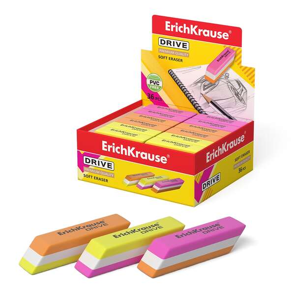 Caixa 36 Borrachas macia clássica Erichkrause Drive - Feita de borracha termoplástica hipoalergénica - Design de três camadas de cor - Livre de impurezas - Sem PVC - Preto