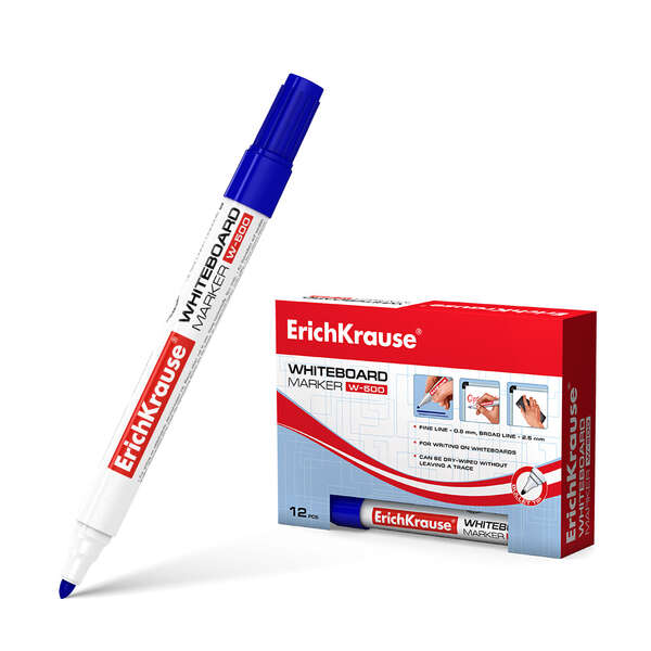Caixa 12 Marcadores de quadro branco Erichkrause W-500 - Ponta em bala - Linha de 0,8 a 2,5 mm - Tinta à base de álcool - Azul