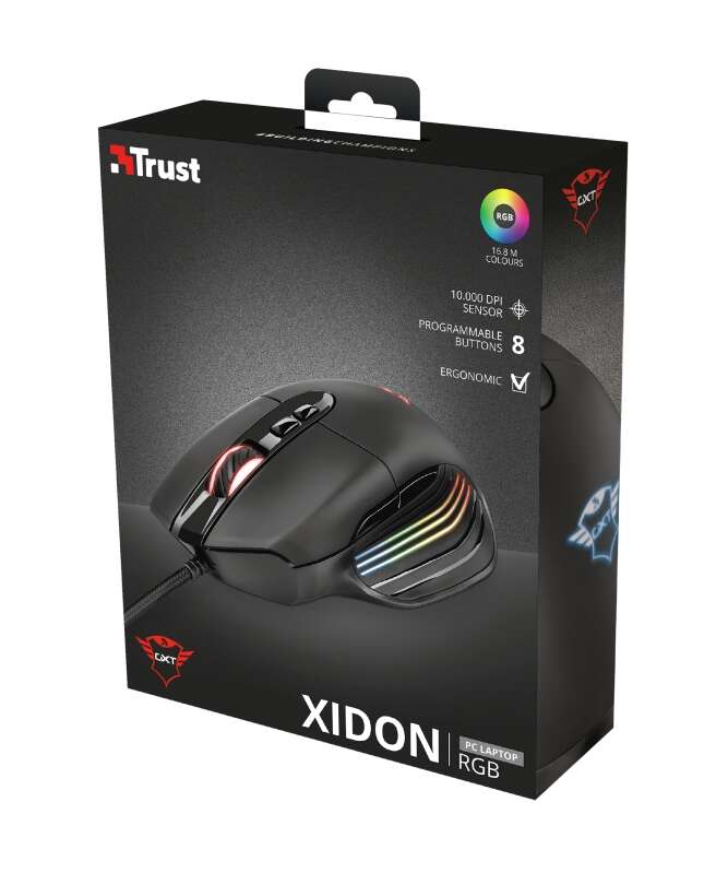 Rato USB Trust Gaming GXT 940 Xidon 10000 dpi - 5 botões programáveis ​​​​- Iluminação RGB - Cabo entrançado de 1,80 m - Utilização para destros - Preto