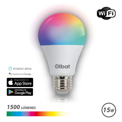 Lâmpada LED Elbat Smart Wi-Fi A65 E27 15W 1500lm RGB - Temperatura 2700K a 6000K - Controle de voz - Controle remoto - 3 modos de cores: frio, natural e quente