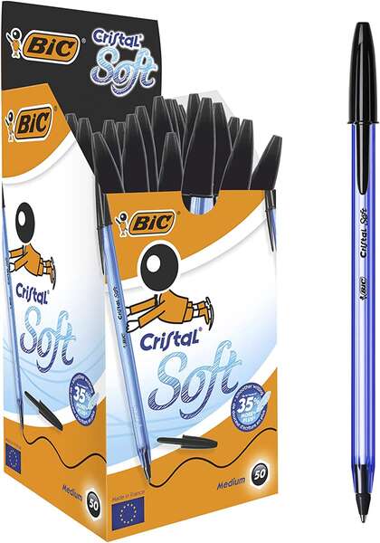 Caixa 50 unidades - Canetas esferográficas Bic Cristal Soft - Ponta média de 1,2 mm - Traço de 0,45 mm - Escrita mais suave - Pretas
