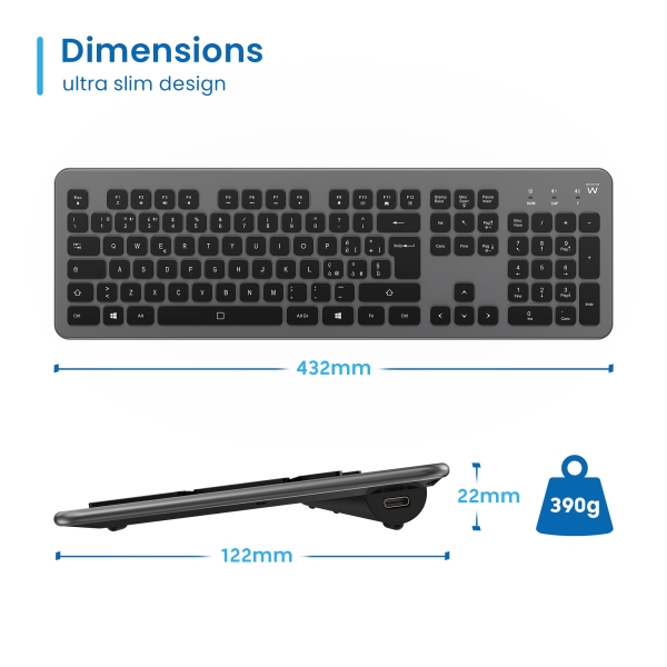 Teclado sem fios multiligação Ewent EW3296 - 3 ligações simultâneas - 1 sem fios 2,4 GHz, 2 Bluetooth 5.0 - Preto