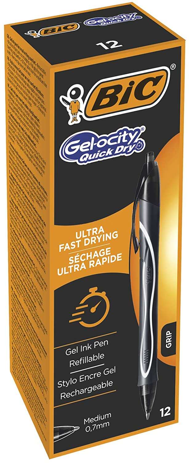 Caixa 12 unidades - Caneta de gel retrátil Bic Gel-Ocity Quick Dry - Ponta média de 0,7 mm - Tinta de gel - À prova de manchas - Secagem ultrarrápida - Preta