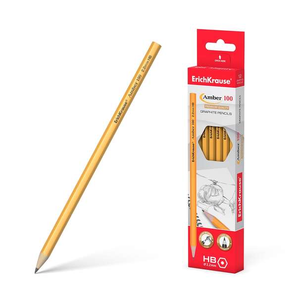 Caixa 12 unidades Lápis de grafite hexagonal Erichkrause Amber 100 HB - Madeira selecionada - Alta resistência ao impacto - Fácil de apontar