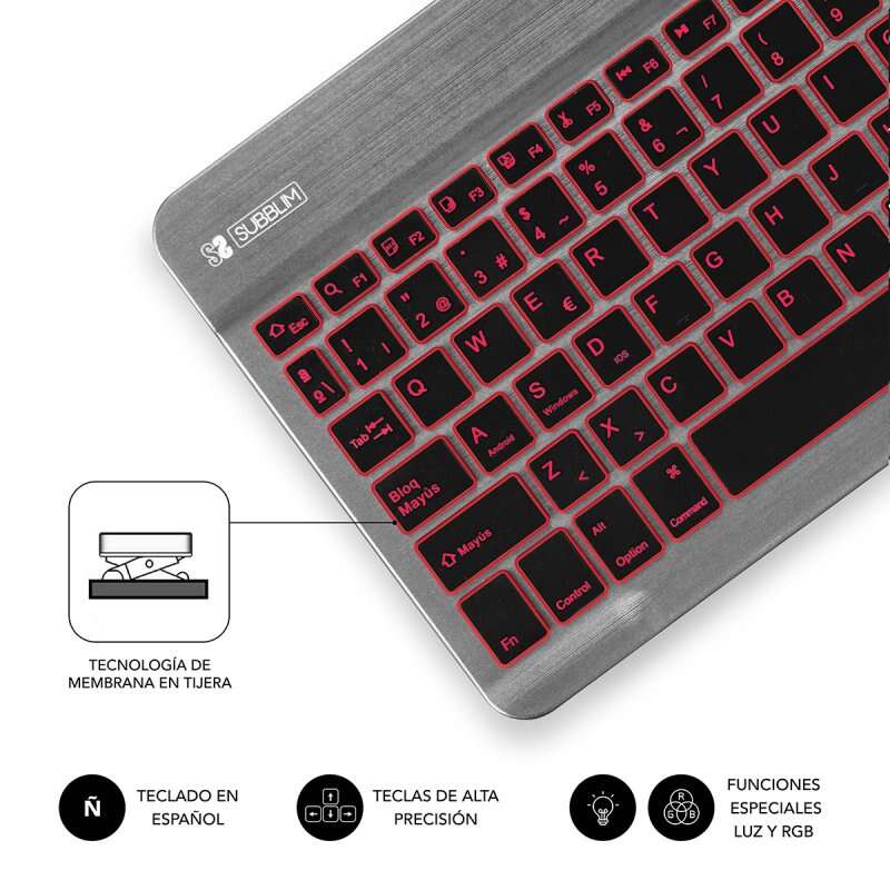 Teclado Subblim com retroiluminação BT - 6 mm de espessura - Conectividade Bluetooth 3.0 - Teclas de alta precisão - Bateria de iões de lítio recarregável - Cinzento