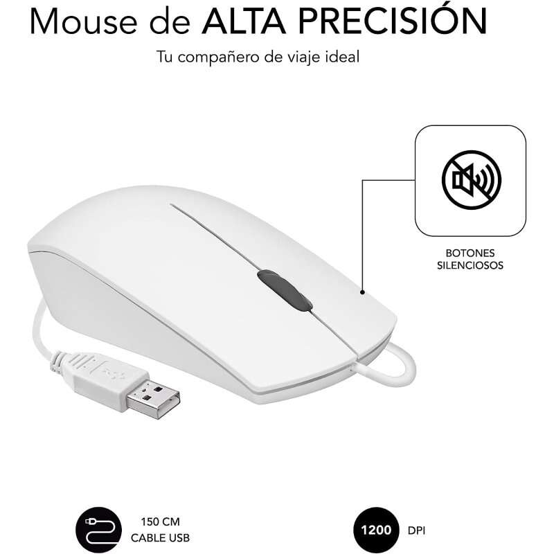 Rato óptico empresarial Subblim - Todo-terreno - Clique silencioso - Ergonômico - Liberdade com fio - Simplicidade e minimalismo - Branco