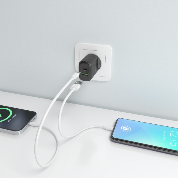 Carregador Aisens GaN 20W - 1xUSB-C PD3.0 - 1xUSB-A QC3.0 - Cor Preto