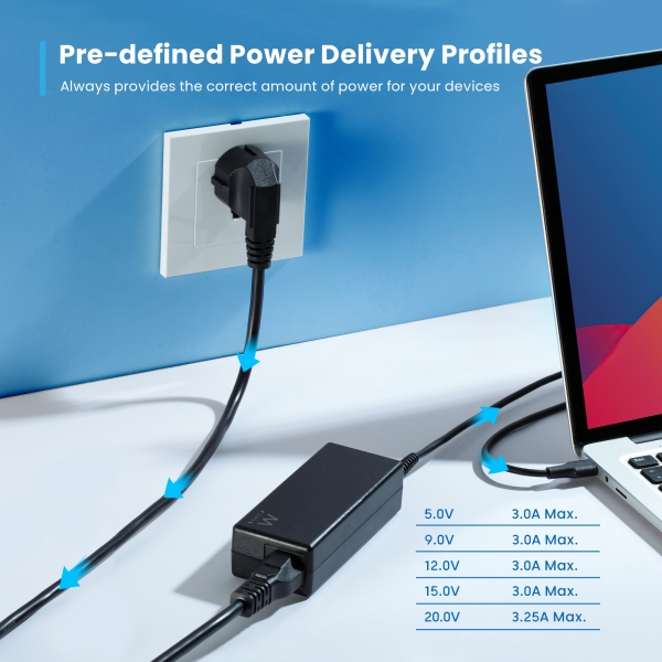 Carregador USB Tipo C para portátil Ewent - Potência máxima fornecida: 65 W - Comprimento do cabo: 300 cm - Preto