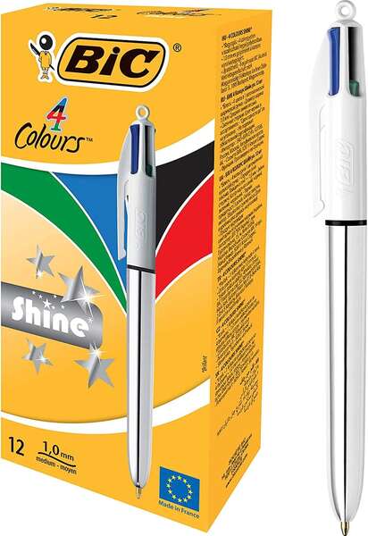 Caixa 12 Canetas Esferográfica Retrátil Bic 4 Cores Shine - Ponta de 1 mm - Linha de 0,4 mm - Tinta à base de óleo - Corpo prateado/branco - 4 cores