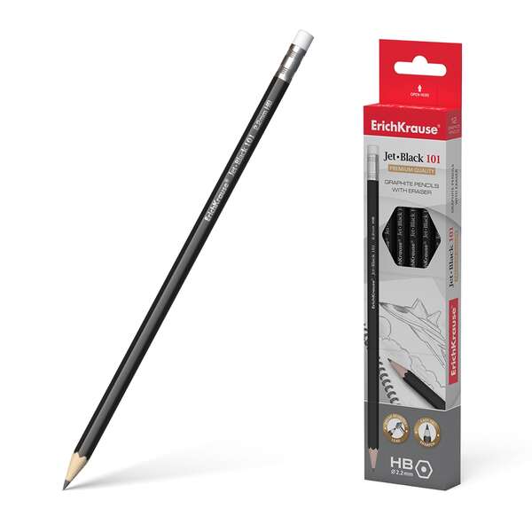 Caixa 12 unidades Lápis de grafite Erichkrause Jet Black 101 Hexagonal HB com borracha - Resistente ao impacto - Preto