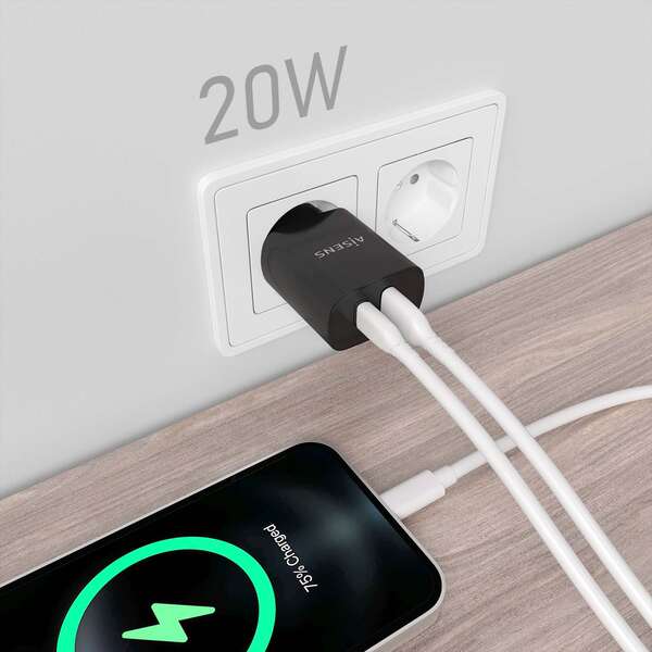 Carregador Aisens 20W - 1xUSB-C PD3.0 - 1xUSB-A QC3.0 - Cor Preto