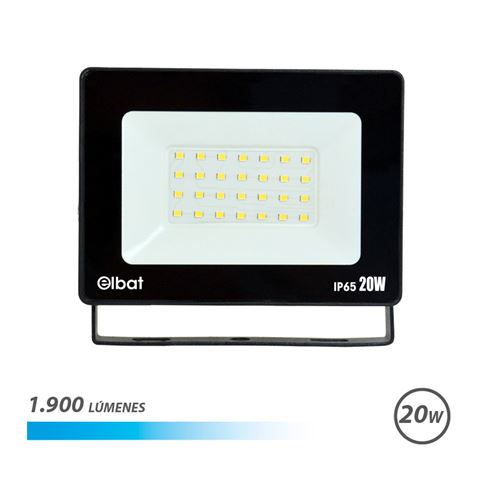 Foco LED Elbat 20W - Potência: 20W - Lumens: 1900 - 6.500K Luz Fria - 30.000 - 50.000 Horas de Vida - Ângulo 120º - Proteção: IP65 para Uso Exterior - Cor Preto