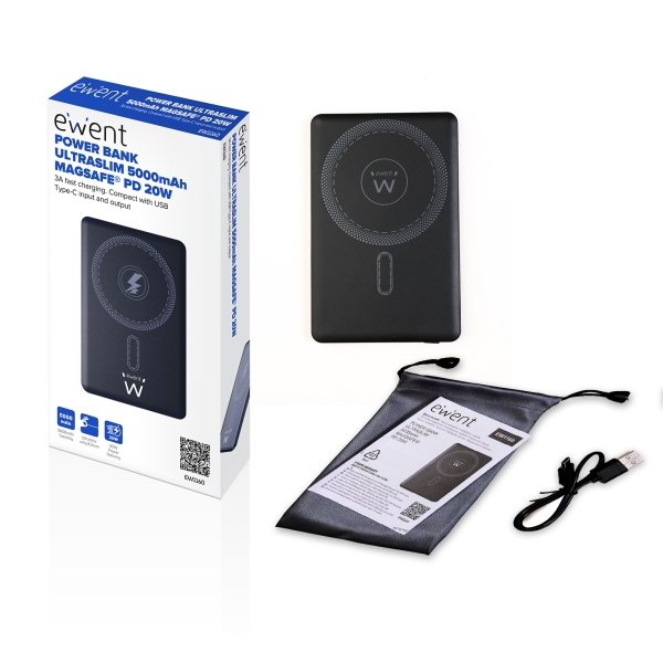 Powerbank Ewent EW1160 Magsafe 5000mAH 20W PD e QC - USB-C - Cor Preto