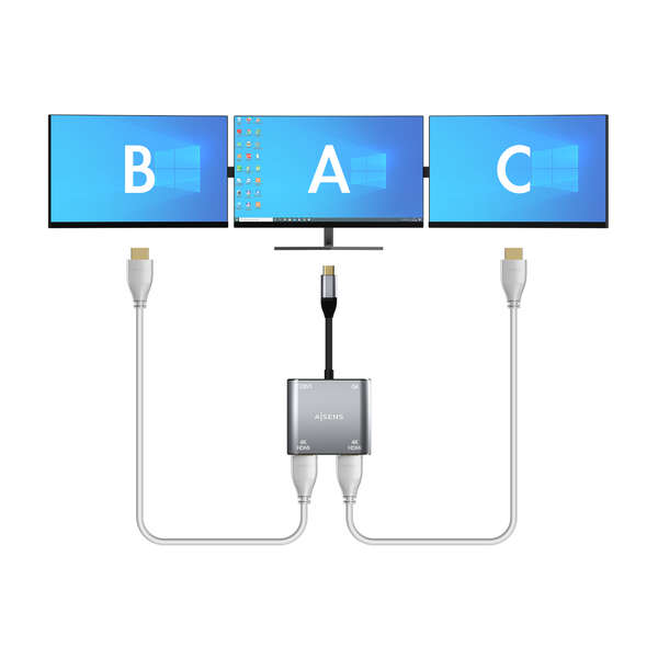 Conversor Aisens USB-C para 2xHDMI 4K SST MST/USB2.0/USB-C PD 60W - USB-C/M-2xHDMI/H-USB-A/H-USB-C/H - 15CM - Cinzento