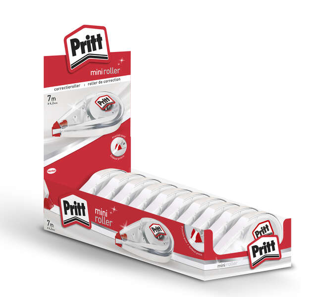 Caixa 10 Unidades - Mini Roller Pritt com Expositor de 10 Almofadas Corretivas 4,2mm x 7m - Compacto e Ergonómico - Ponta Flexível de Alta Precisão - Compatível com todos os Tipos de Papel