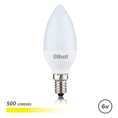Lâmpada LED Elbat - Potência 6W - Lumens 500 - Tipo de Luz 3000K Luz Quente - Casquilho E14 - Ângulo 180º - Dimensões 37X100mm - 30.000 Horas de Vida - 15.000 Luzes - Cor Branco