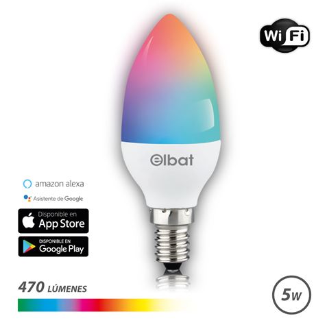Elbat Smart Wi-Fi LED Candle Bulb C37 E14 5W 470lm RGB - Temperatura 2700K a 6000K - Controle de voz - Controle remoto - 3 modos de cores: frio, natural e quente