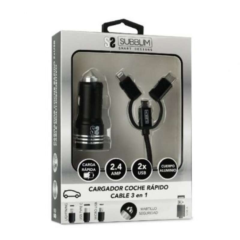 Carregador de isqueiro Subblim Dual USB - 1 m de comprimento - Carregamento rápido até 2.400 A/12 W - Exterior em fibra de nylon durável - Preto