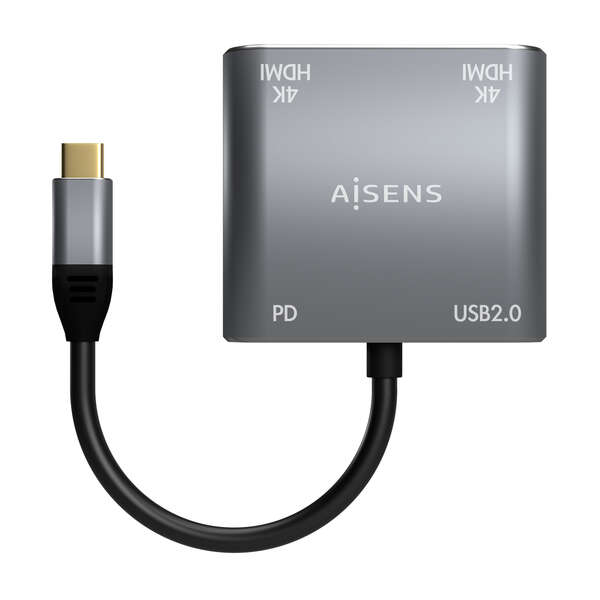Conversor Aisens USB-C para 2xHDMI 4K SST MST/USB2.0/USB-C PD 60W - USB-C/M-2xHDMI/H-USB-A/H-USB-C/H - 15CM - Cinzento