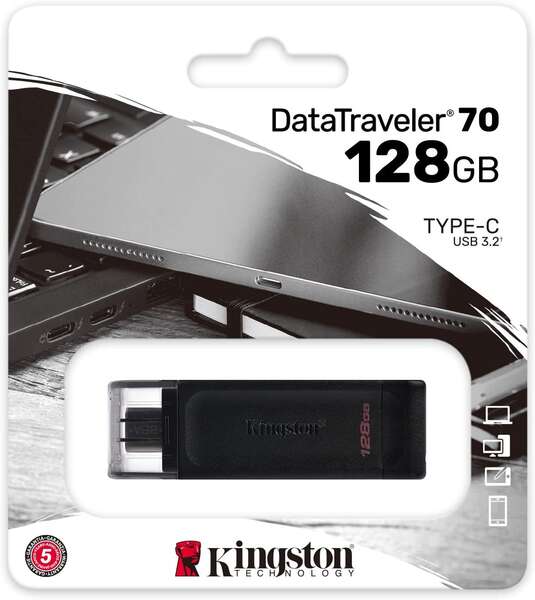 Kingston DataTraveler 70 128 GB USB Type-C Flash Drive - USB-C 3.2 Gen 1 - Com Tampa - Preto (Pendrive)