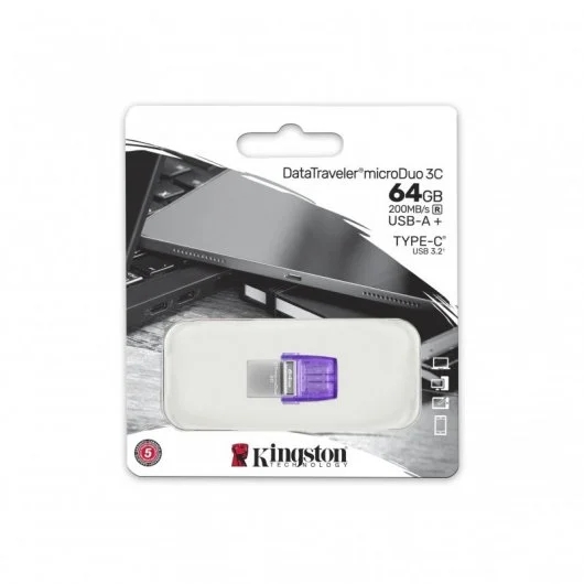 Kingston DataTraveler microDuo 3C Memoria USB-A + USB-C 64GB 3.2 Gen 1 - Velocidad de Lectura 200 MB/s - Tapon Protector (Pendrive)