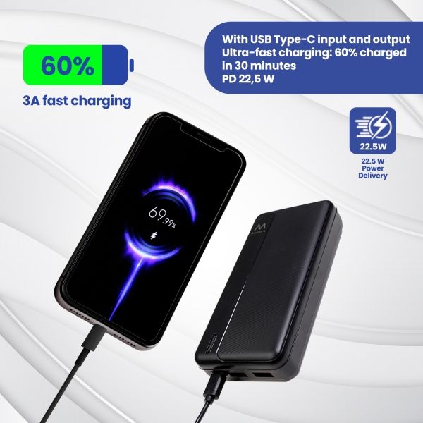 Powerbank Ewent EW1163 20000mAH 22,5W PD - USB-A, USB-C - Cor Preto