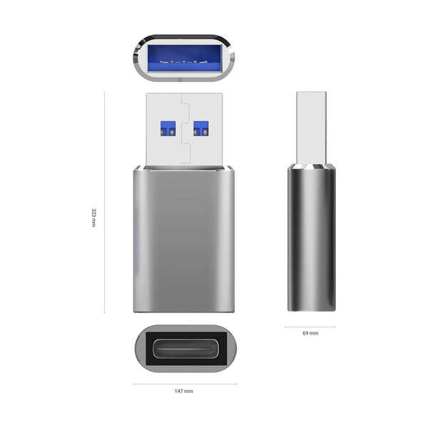 Adaptador Aisens Mini USB 3.2 Gen2/USB 2.03A - Tipo USB-C/H-A/M - Cor Cinza