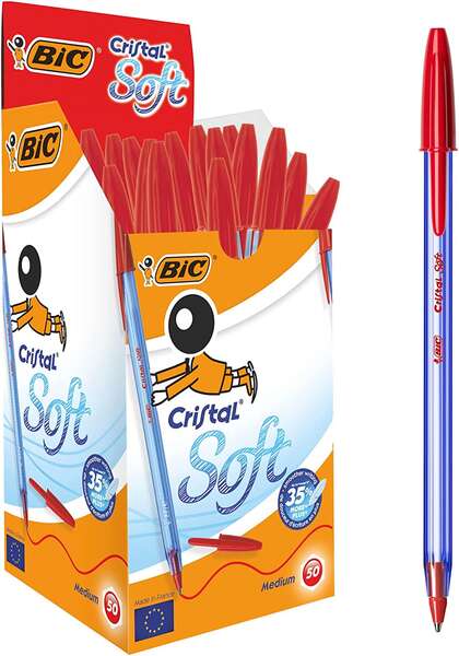 Caixa 50 unidades - Canetas esferográficas Bic Cristal Soft - Ponta média de 1,2 mm - Traço de 0,45 mm - Escrita mais suave - Vermelha