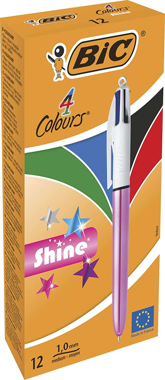 Caixa 12 Canetas Esferográfica Retrátil Bic 4 Cores Shine - Ponta de 1 mm - Linha de 0,4 mm - Tinta à base de óleo - Corpo rosa metalizado/branco - 4 cores