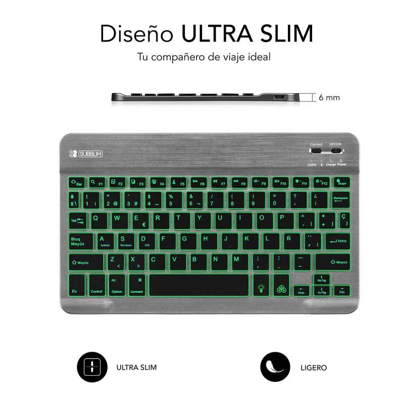 Teclado Subblim com retroiluminação BT - 6 mm de espessura - Conectividade Bluetooth 3.0 - Teclas de alta precisão - Bateria de iões de lítio recarregável - Cinzento