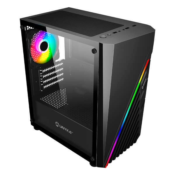 Caixa Unykach Mini Glayze Micro-ATX - Iluminação ARGB - Painel lateral em vidro temperado - USB-A 2.0/3.0 e áudio - 1 ventoinha RGB de 120 mm instalada - Preto