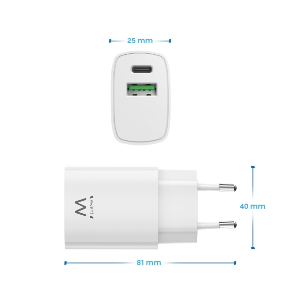 Carregador de parede Ewent USB-C/PD + USB-A/QC 20 W - Branco
