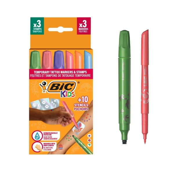 Pacote de tatuagens temporárias Bic Kids com 3 carimbos + 3 marcadores + 10 stencils - Tinta testada dermatologicamente e sem fragrância - Cores sortidas