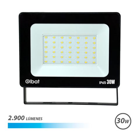 Foco LED Elbat 30W - Potência: 30W - Lumens: 2900 - 6.500K Luz Fria - 30.000 - 50.000 Horas de Vida - Ângulo 120º - Proteção: IP65 para Uso Exterior - Cor Preto