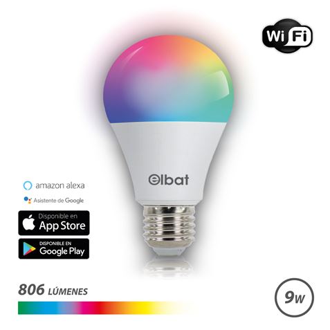 Lâmpada LED Elbat Smart Wi-Fi A60 E27 9W 806lm RGB - Temperatura 2700K a 6000K - Controle de voz - Controle remoto - 3 modos de cores: frio, natural e quente