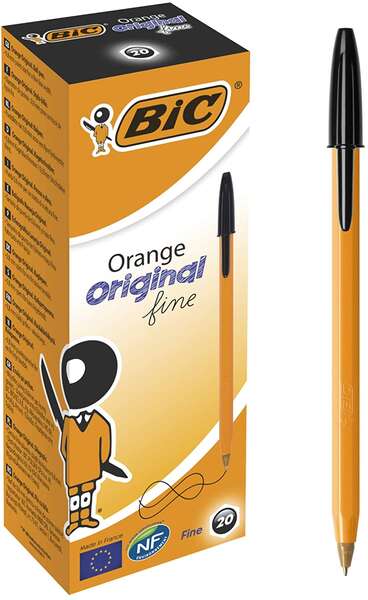 Caixa 20 Canetas Esferográfica Bic Orange Original Fine - Ponta Redonda 0,8 mm - Linha 0,30 mm - Tinta à Base de Óleo - Corpo Laranja - Preto
