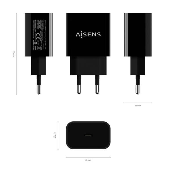Carregador Aisens USB-C PD3.0 1 Porta 1xUSB-C - 20W - Cor Preto
