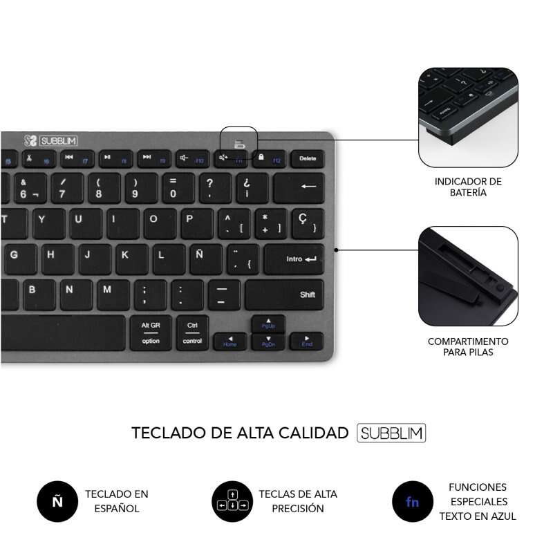 Subblim Multi-Device Combo - Teclado e Rato - Bluetooth e Tecnologia Sem Fios 2.4G - Rato com Bateria Recarregável e 3 Níveis de DPI Ajustáveis ​​​​- Preto