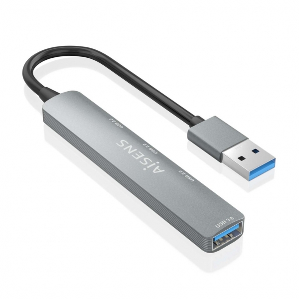 Hub USB Aisens Ultra Slim em Alumínio - 1xUSB3.0 + 3xUSB2.0 - Alta Velocidade 5 Gbps - Alimentado por Barramento USB - Cinzento