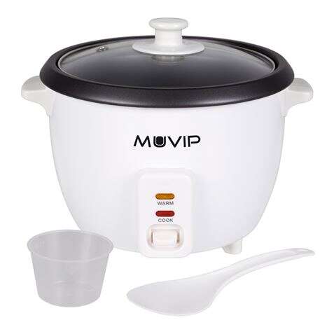 Panela elétrica de arroz Muvip - Capacidade de 1 litro - Potência de 400 W - Sistema de cozedura e aquecimento - Recipiente interior antiaderente - Tampa de vidro - Acessórios incluídos - Branca
