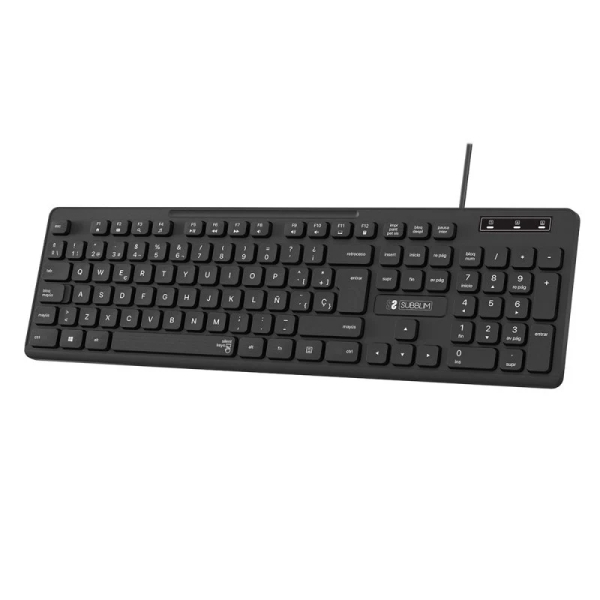 Teclado empresarial silencioso Subblim Slim com cabo USB - Design ergonômico e teclas planas de baixo perfil - Resistente a derramamento - Teclas silenciosas - Preto